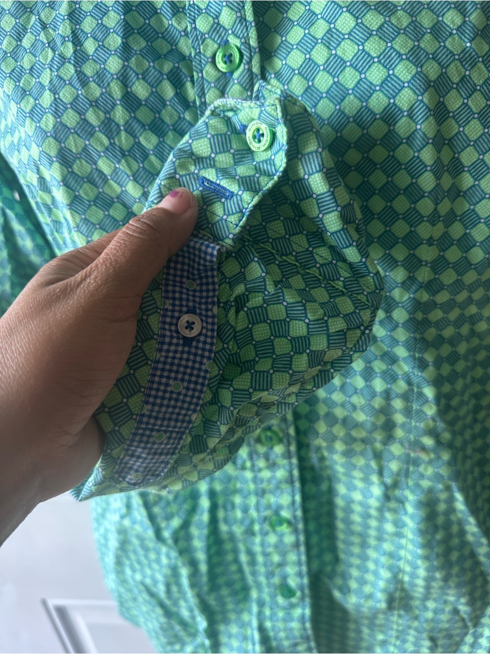 Cinch Green Geometric Print Long Sleeve Shirt Gingham Trim M Western Chic - Picture 6 of 9